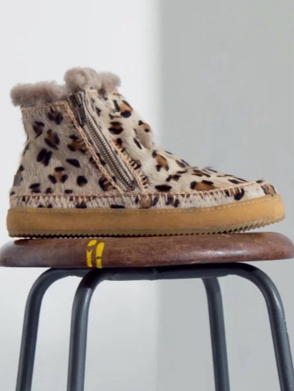 Leopard Print Faux Fur high top Ankle Boots/ sneakers - Animal Print Beige/Black